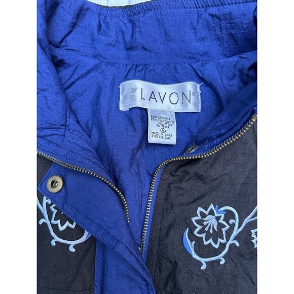 Vintage Lavon Windbreaker Navy Blue Embroidered Flowers Medium Jacket 90s - Picture 4 of 13